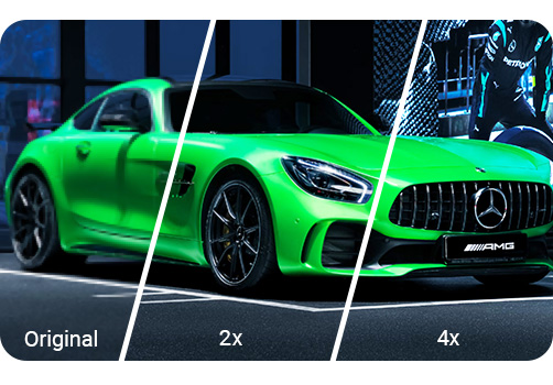 A Mercedes AMG GT upscaled depicting the original picture, 2X upscale and 4X upscale