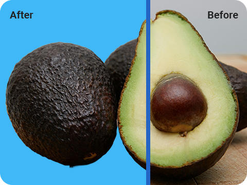 An avocado in a before and after picture for a blue background