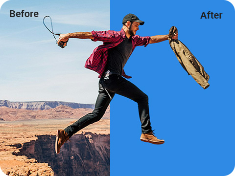 Man jumping with a Canyon as background in the Before shot and a Blue Background in the After