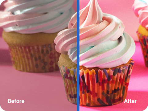 A rainbow cupcake seen as before and after using Photo Enhancing Tool