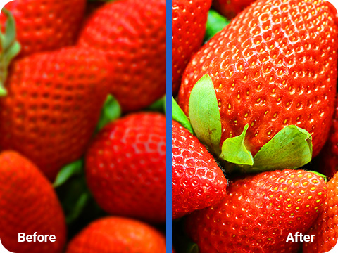 A before and after sharpen image tool applied to strawberries