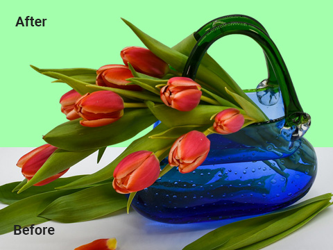 Before and After Picture with Tulips in a Blue Vase and a Green Background