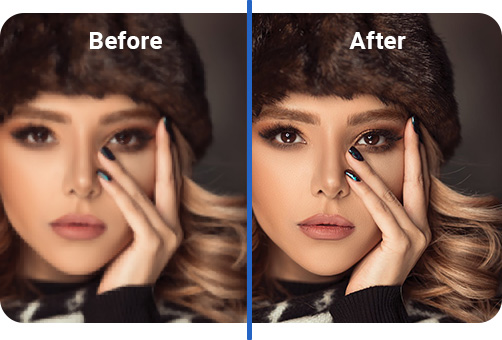 A female human face upscaled using Wallpapers.com’s Upscaler Tool. Left side is blurry. Right side is clear and upscaled.