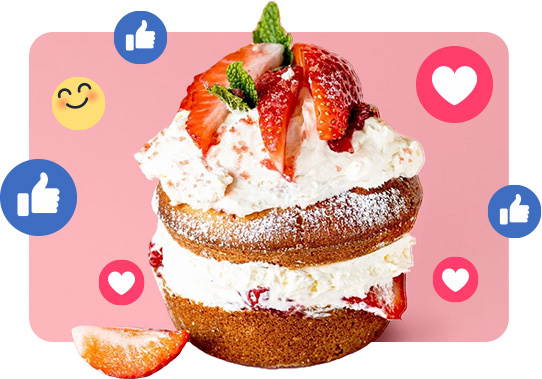 A picture of a cake with a pink background after the background remover tool was applied. Emojis surrounding the cake.