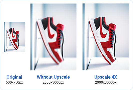 Red Nike Air Dunks upscaled to 4X using upscaler tool.