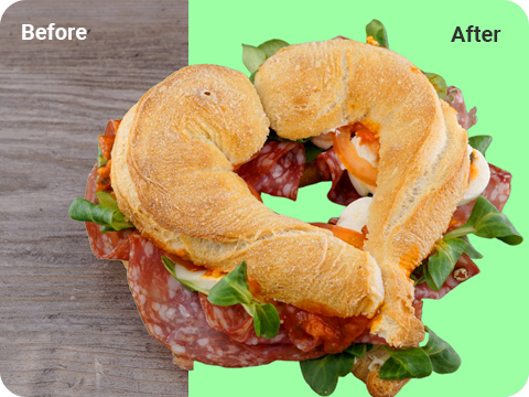 Before and After Picture of a Salami Sandwich With Green Background