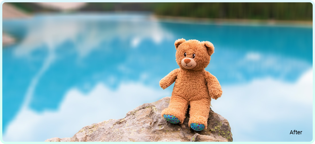 A Teddy Bear sitting on a rock with a blurred background
