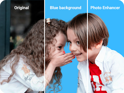 Two kids with the Original Image, the Blue Background and a Photo Enhanced Image