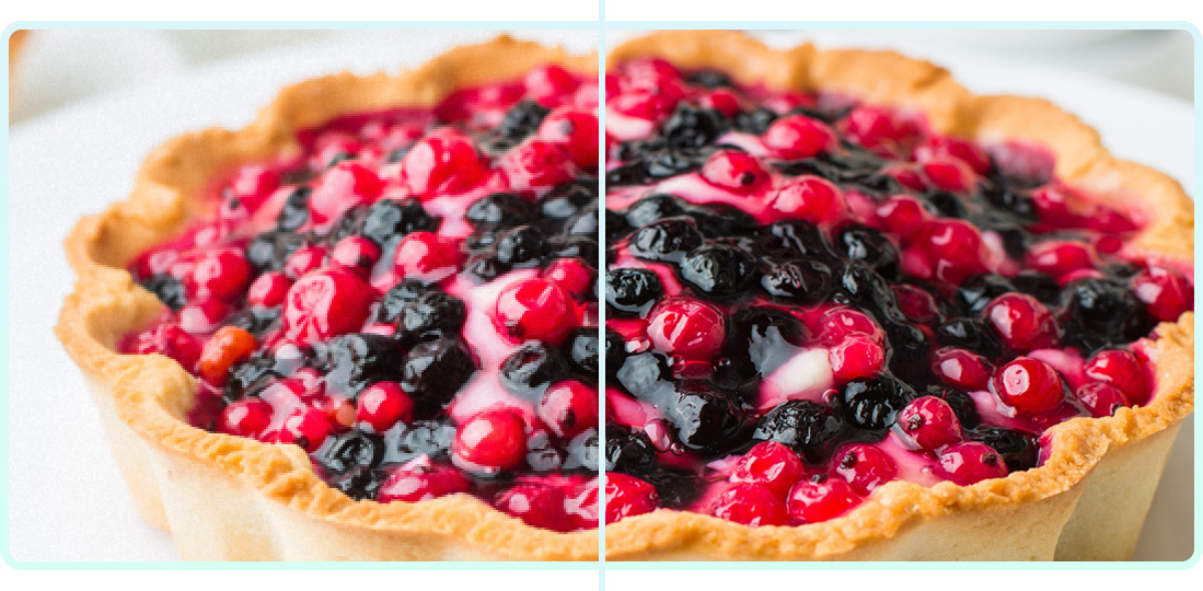Upscaled image of a Pie. Left side is more blurry versus right side.