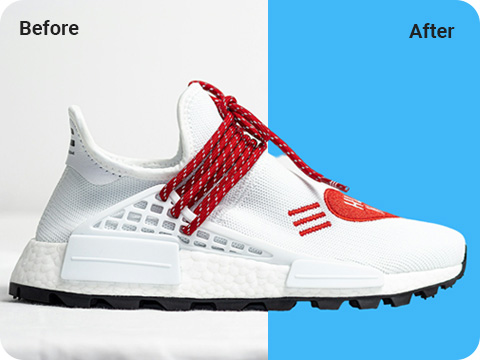White Adidas Pharrell's in a White Photobox as Before and Blue Background as After